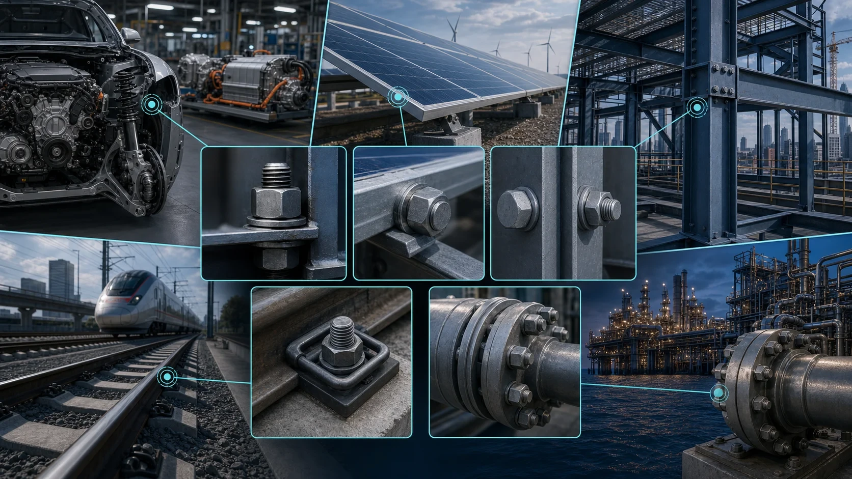 Automotive, solar, structural steel, railway and oil and gas fastening applications with central connection closeups