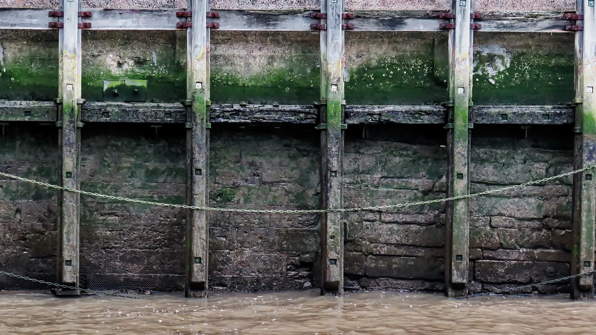 Quay fender piles with tidal algae line and heavy bolted plates in the wet-dry splash zone