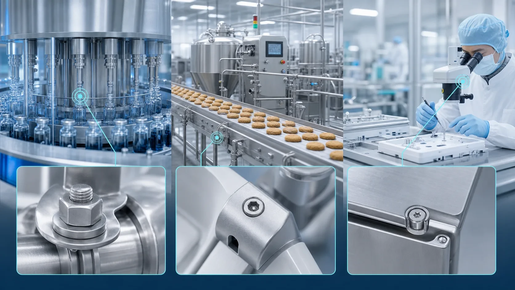 Medical pharmaceutical and food processing fastening applications