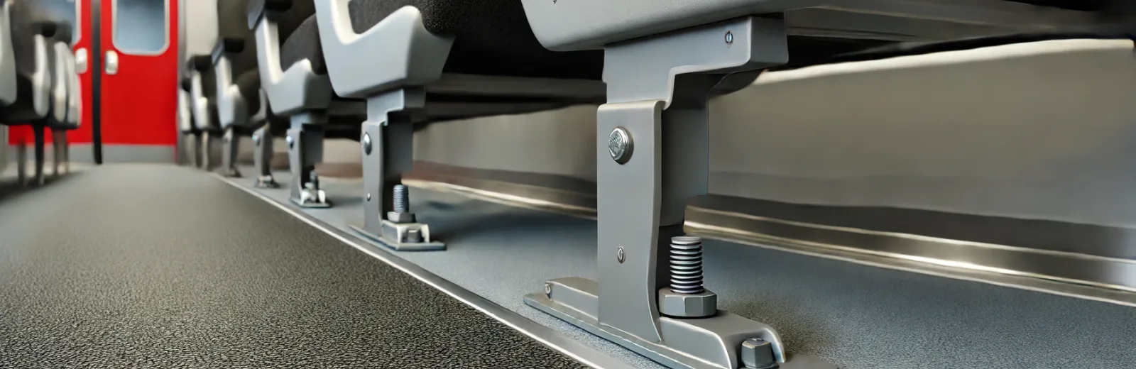 Train seat rail fastening detail inside a passenger carriage